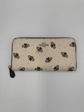 COACH Bee Print Zip-Around Wallet, Cream w/ Black Trim & baby blue interior 🐝